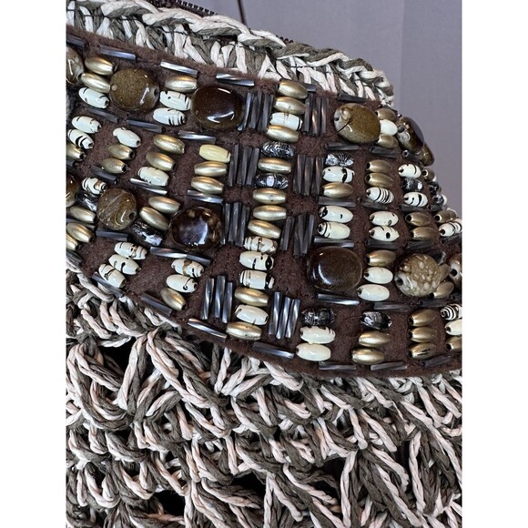 Vintage Sun N San Brown 1986 woven macramé beaded bohemian BoHo shoulder bag - Picture 11 of 12